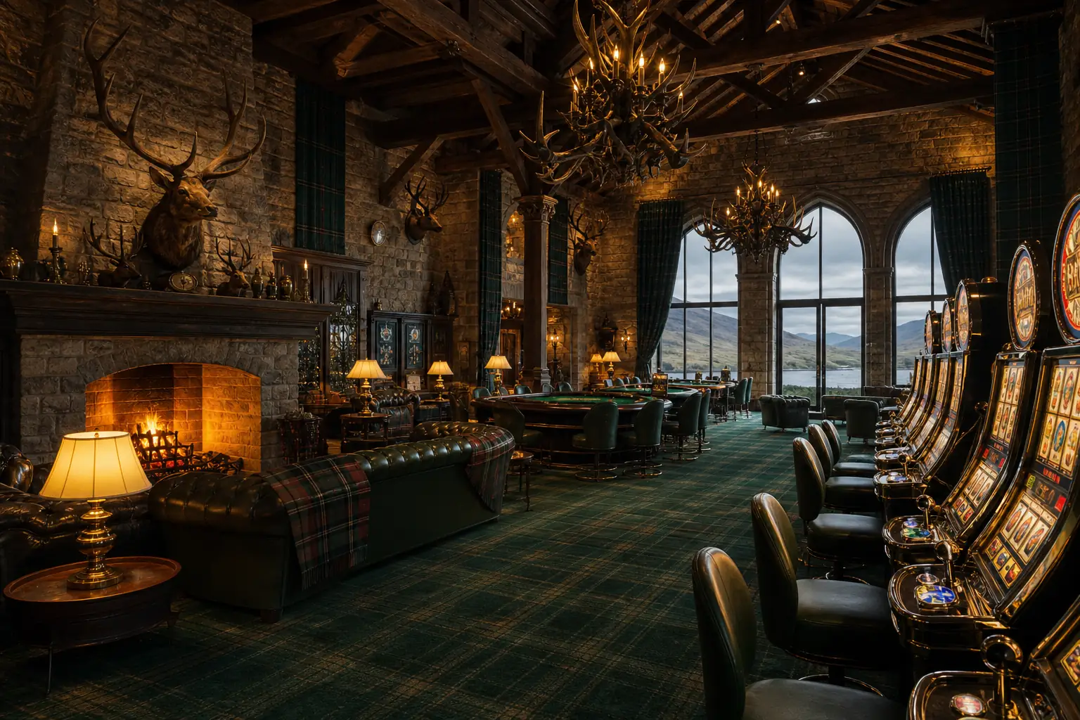 Tartan-clad Highland manor casino hall with stag antlers, oak beams and glowing slot machines