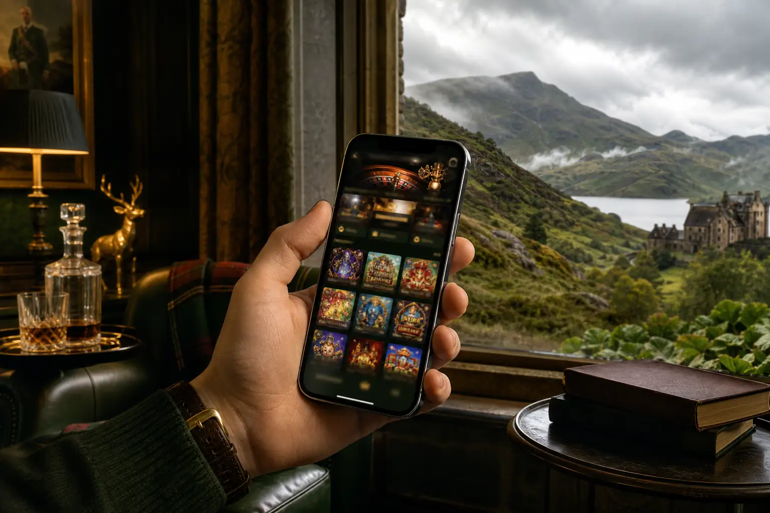 Hand holding a smartphone showing the TweedBet mobile casino lobby against a misty Highland backdrop