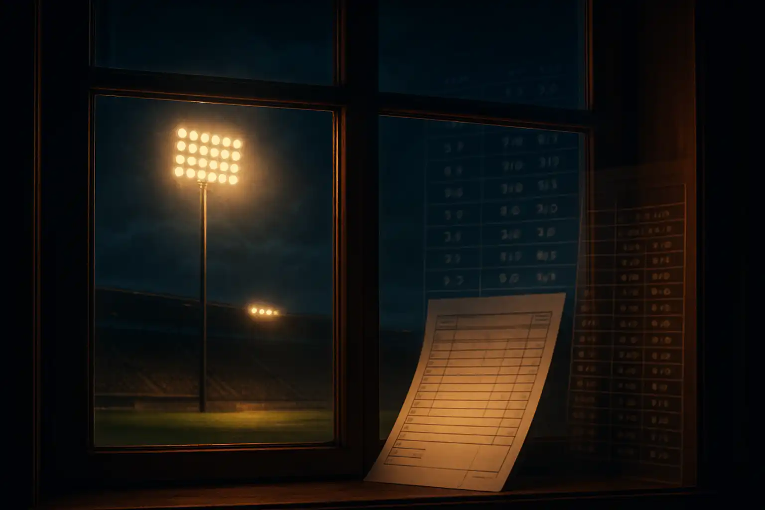 Stadium floodlights viewed through a manor window with a betting slip and odds board overlay