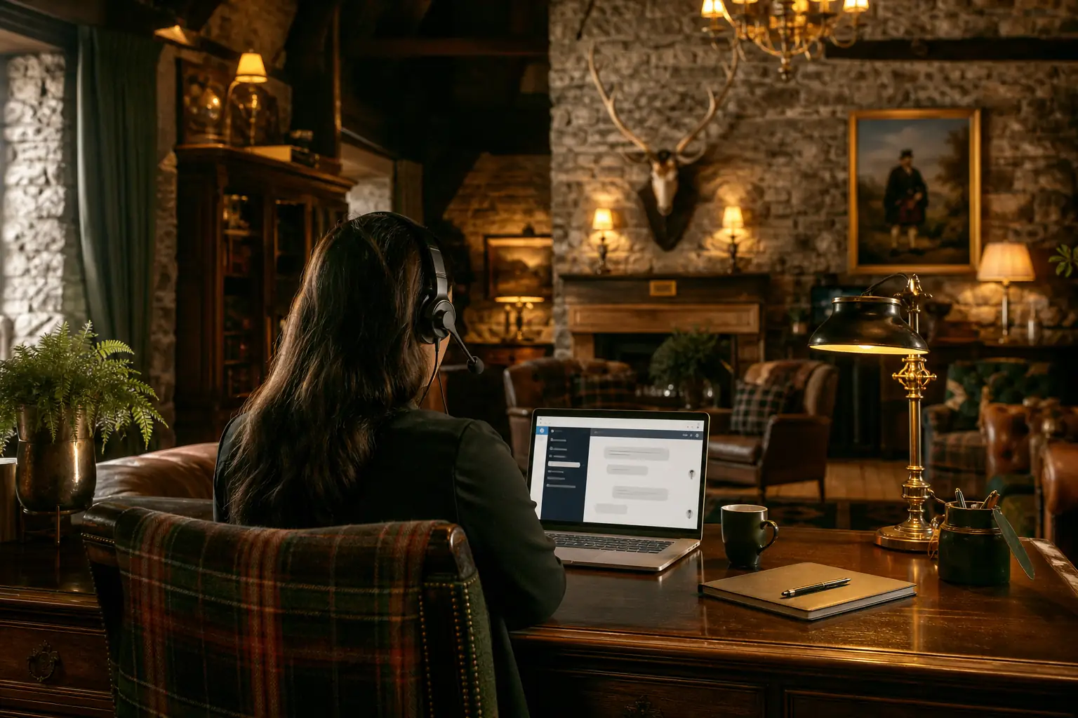Support agent at a manor desk with a headset, tartan cushion and laptop showing a live chat window