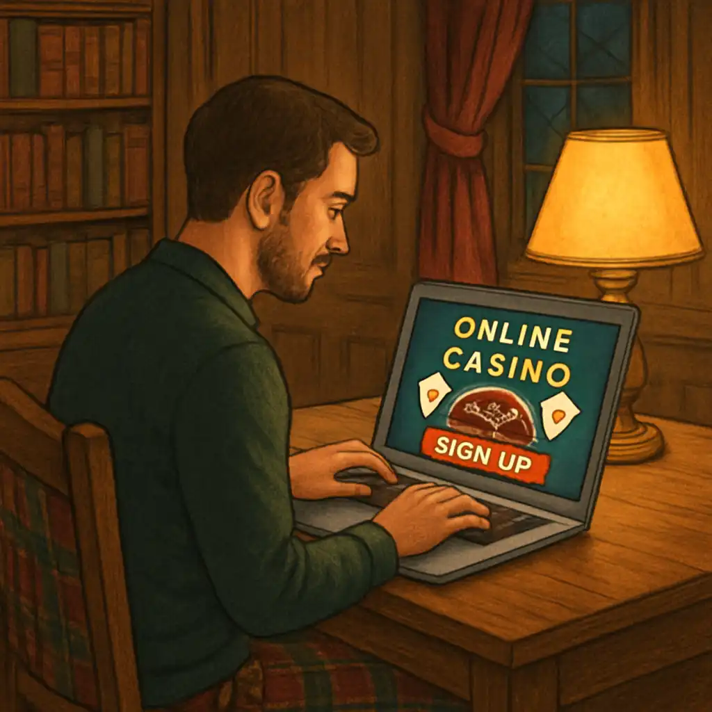 Player signing up for a TweedBet account on a laptop in a manor study