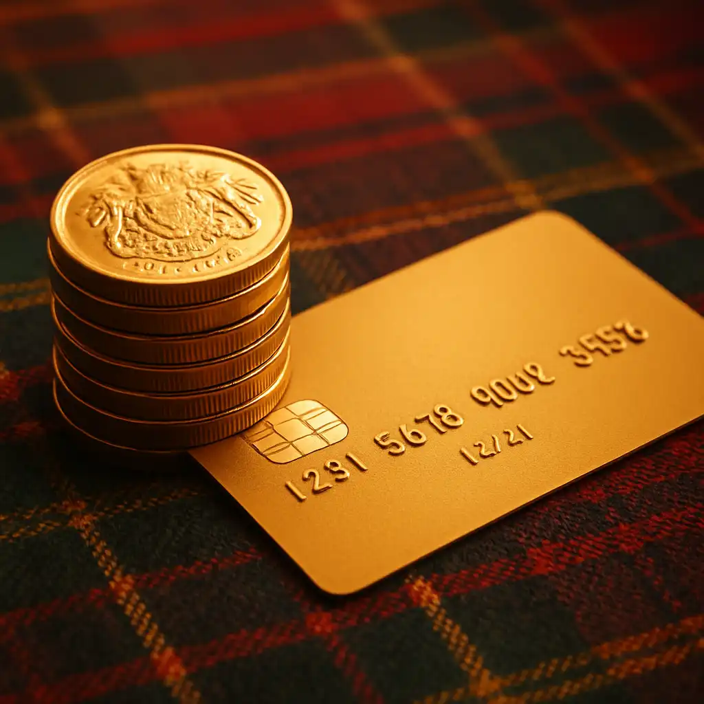 Stack of pound coins and a bank card beside a tartan wallet representing the deposit step