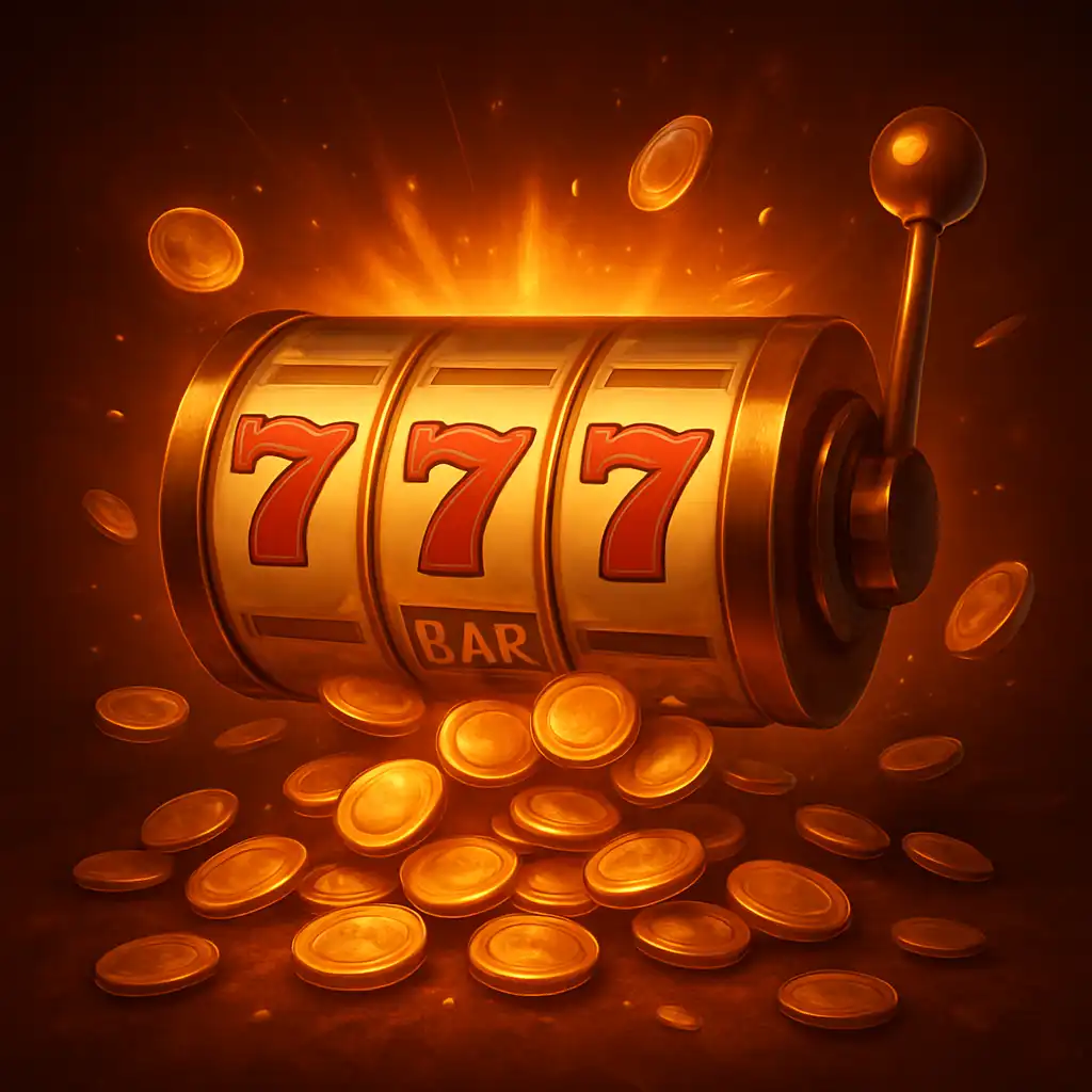 Glowing slot reel and coins spilling out representing claiming bonus funds